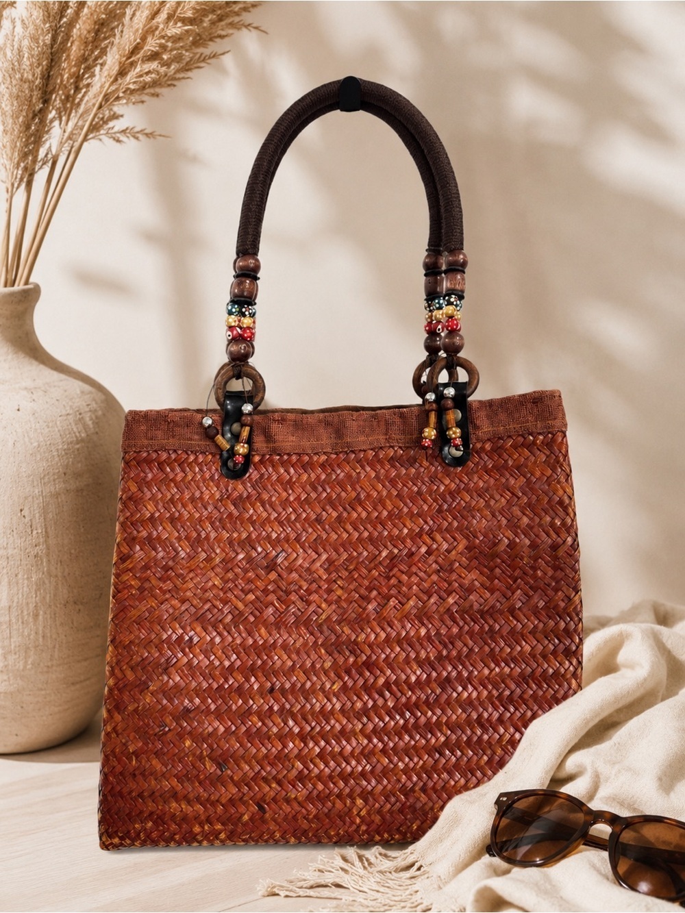 Handmade Thai Woven Straw Tote Bag Wooden Beaded Handles Boho Market Bag